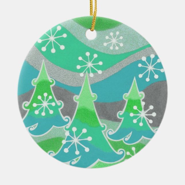 Winter Trees Green Text ornament round (Front)