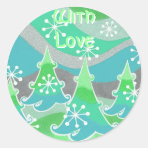 Winter Trees green 'With Love' round sticker