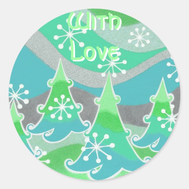 Winter Trees green 'With Love' round sticker (Front)
