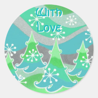 Winter Trees Green 'With Love' round sticker