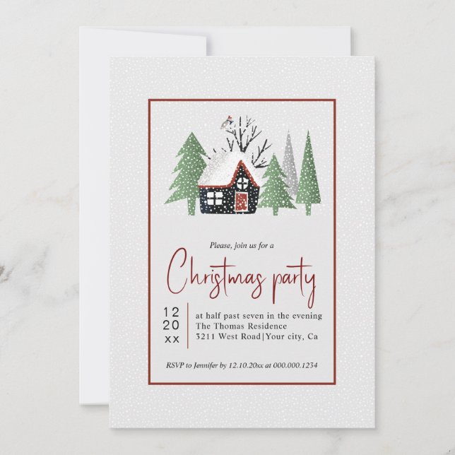 Winter trees house and snowfall Christmas party Invitation (Front)