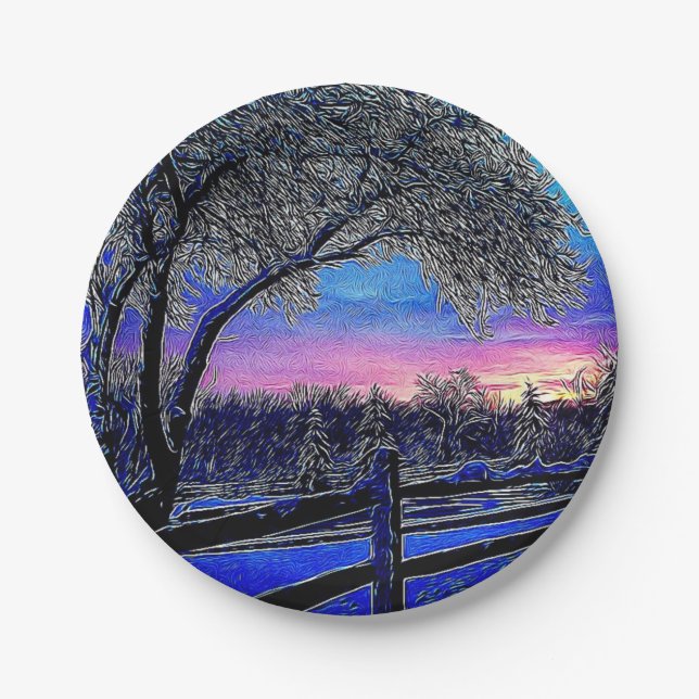 winter trees impressionism sunrise landscape paper plate (Front)