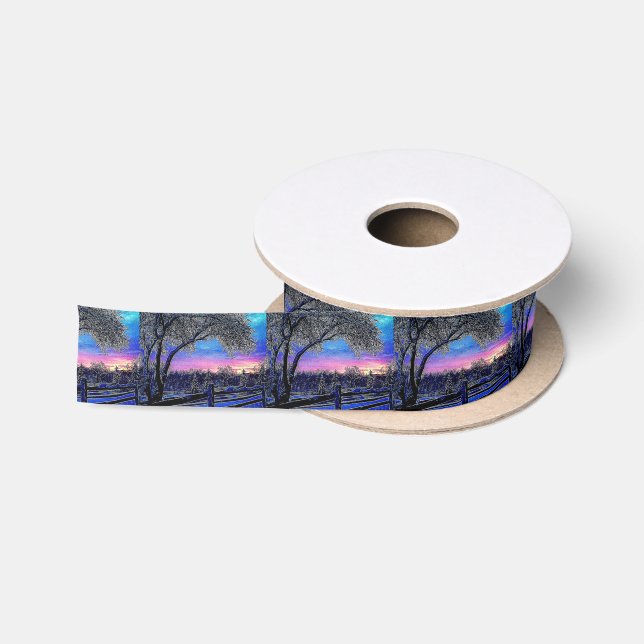 winter trees impressionism sunrise landscape satin ribbon (Spool)