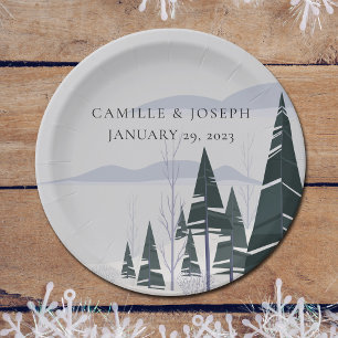 Winter Trees Modern Snow Forest Wedding Paper Plate