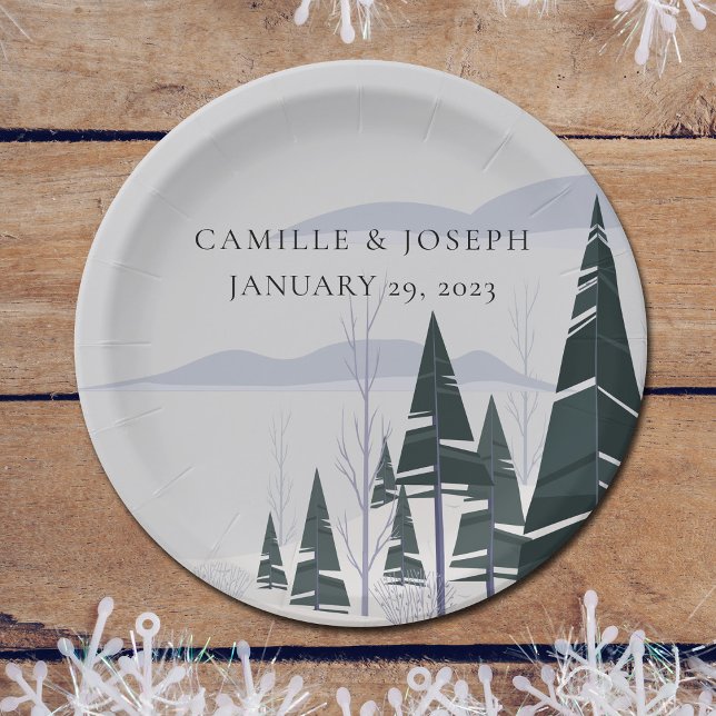 Winter Trees Modern Snow Forest Wedding Paper Plate (Creator Uploaded)