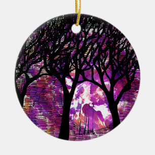Winter Trees over alcohol ink Background Ceramic Tree Decoration