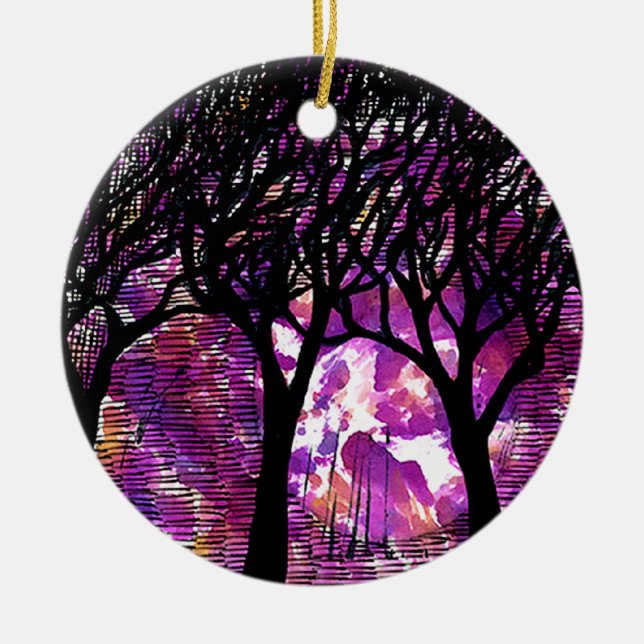 Winter Trees over alcohol ink Background Ceramic Tree Decoration (Front)