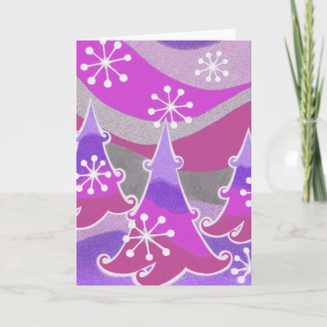 Winter Trees purple Merry Christmas card vertical (Front)