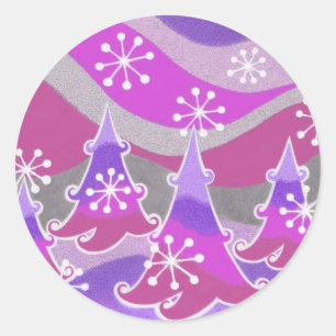 Winter trees purple round sticker