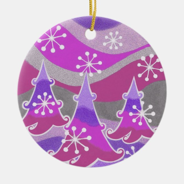 Winter Trees Purple Text ornament round (Front)
