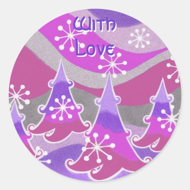 Winter Trees purple 'With Love' round sticker (Front)
