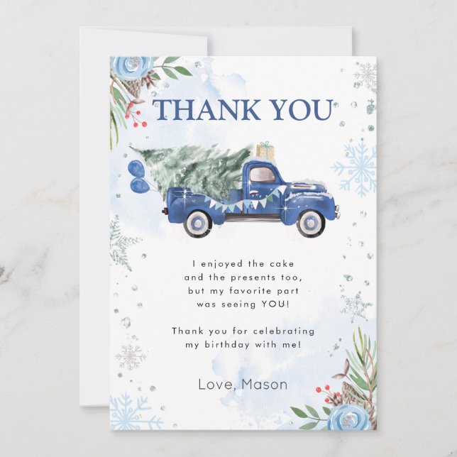 Winter Truck Blue Boy Birthday Thank You Card (Front)