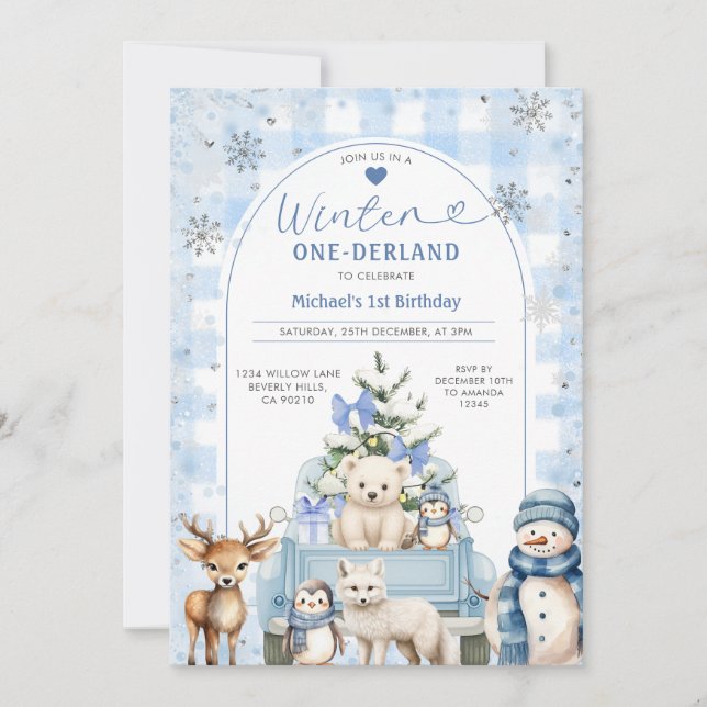 Winter Truck Onederland Boy 1st Birthday Animals Invitation (Front)