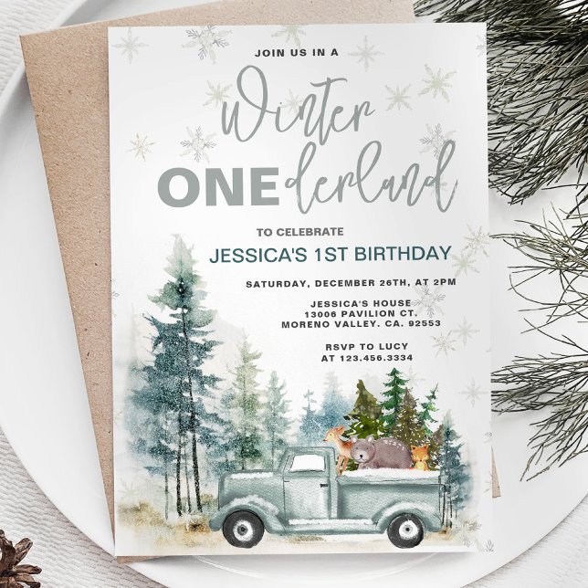 Winter Truck Onederland Forest 1st Birthday Invitation (Creator Uploaded)