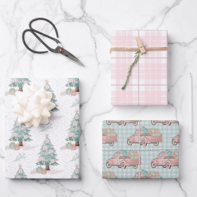 Winter Truck Tree Pink Plaid Pastel Christmas Wrapping Paper Sheet (Front)