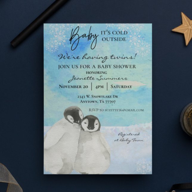 Winter Twins Penguin Baby Shower Cold Outside  Invitation (Creator Uploaded)