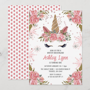 Winter Unicorn 1st Birthday Blush Pink Invitation