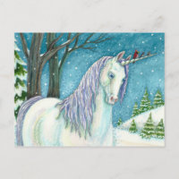 WINTER UNICORN AND BIRDS, PEACEFUL SNOW LANDSCAPE