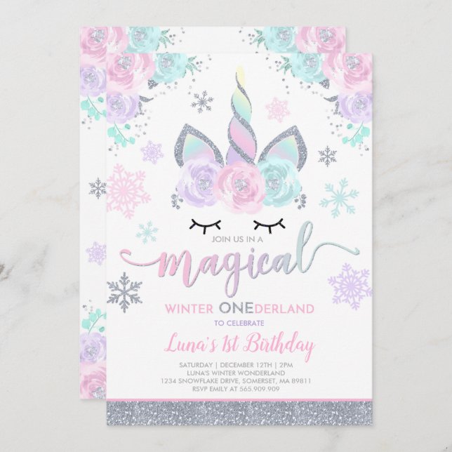 Winter Unicorn Invitation Winter ONEderland Party (Front/Back)
