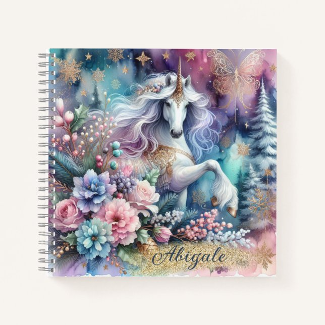 Winter Unicorn Magical Scene 4 - Personalise Notebook (Front)
