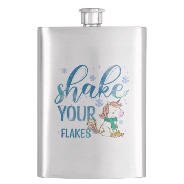 Winter Unicorn | Shake Your Flakes | Fun & Festive Hip Flask (Front)