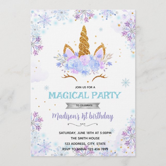 Winter unicorn theme invitation (Front)