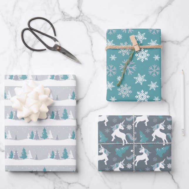 Winter Unicorns, Trees and Snowflakes Wrapping Paper Sheet (Front)