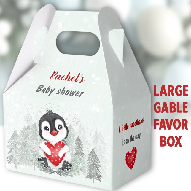 Winter Valentines Penguin Boy Baby Shower Large Favour Box (Penguin Boy Large Gable Favor Boxes - You can choose from 3 sizes of these gable favor boxes )