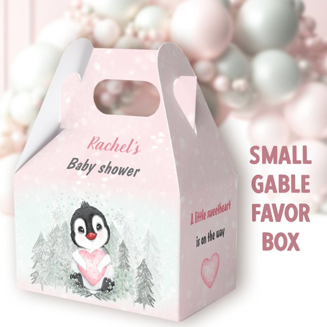 Winter Valentines Penguin Girl Baby Shower Favour Box (Penguin Girl Small Gable Favor Boxes - You can choose from 3 sizes of these gable favor boxes )