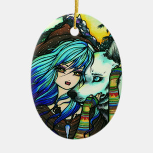 Winter Vampire Wolf Snow Girl Art by Hannah Lynn Ceramic Tree Decoration