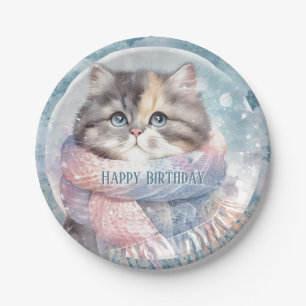 Winter Vibes Cat with a Scarf Birthday Paper Plate