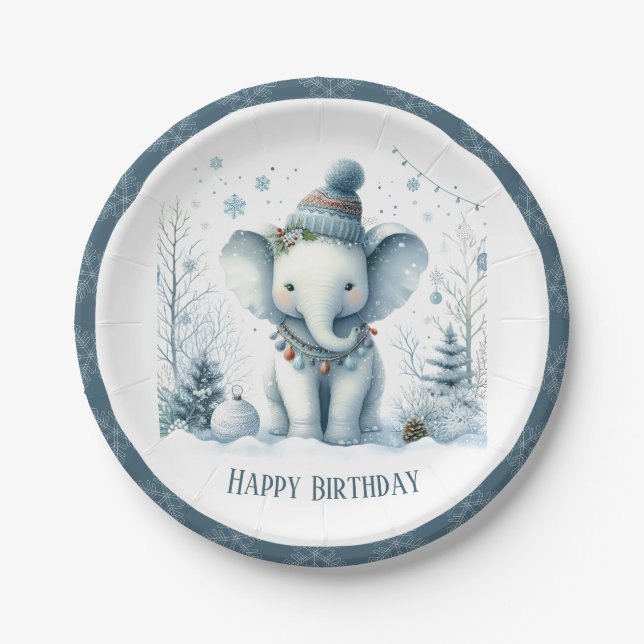 Winter Vibes Elephant - Birthday Paper Plate (Front)