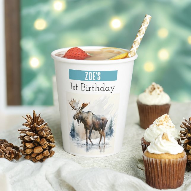 Winter vibes Moose - 1st birthday - Paper Cups (Creator Uploaded)