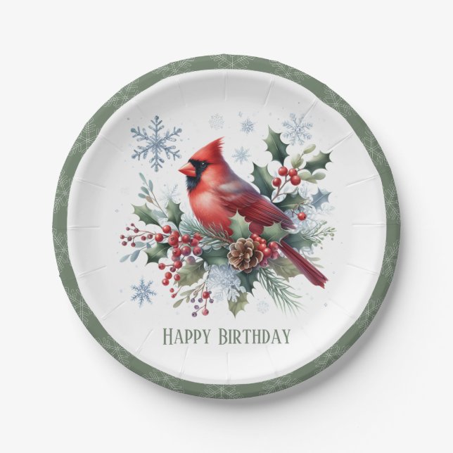 Winter Vibes Northern Cardinal - Birthday Paper Plate (Front)