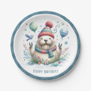 Winter Vibes Snowflakes Walrus Birthday Paper Plate