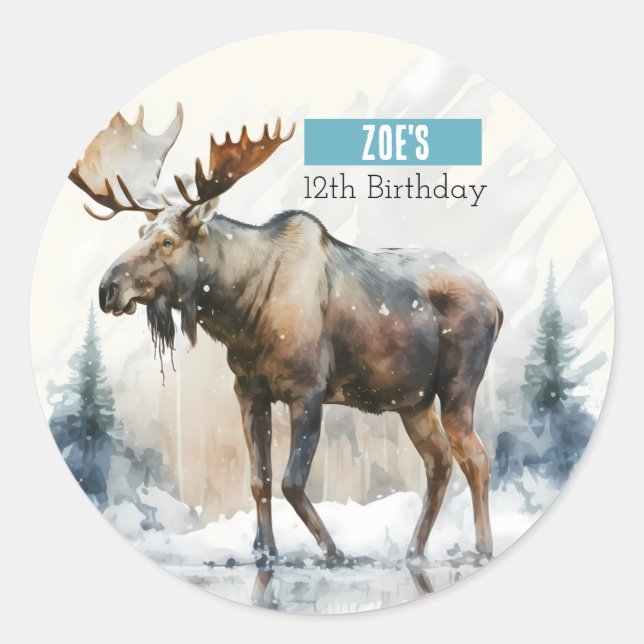Winter Vibes Watercolor Moose -  Birthday Party - Classic Round Sticker (Front)