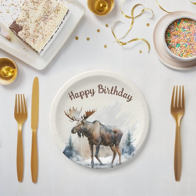 Winter vibes Watercolor Moose -  Birthday Party - Paper Plate (Creator Uploaded)