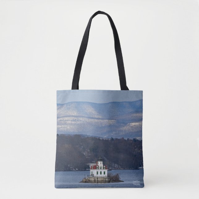 Winter View of Esopus Meadows Lighthouse Tote Bag (Front)