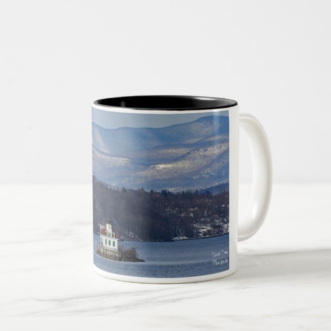 Winter View of Esopus Meadows Lighthouse Two-Tone Coffee Mug (Front Right)