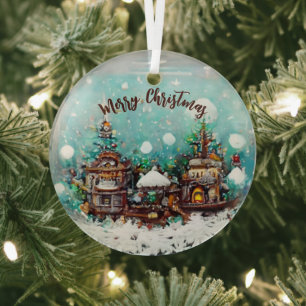Winter Village Fairytale Houses Snowflake  Glass Tree Decoration