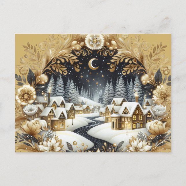 Winter village gold & black design postcard (Front)