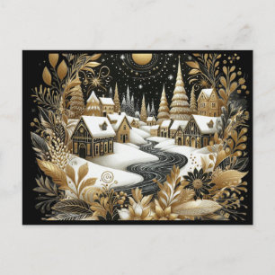 Winter village gold & black design postcard