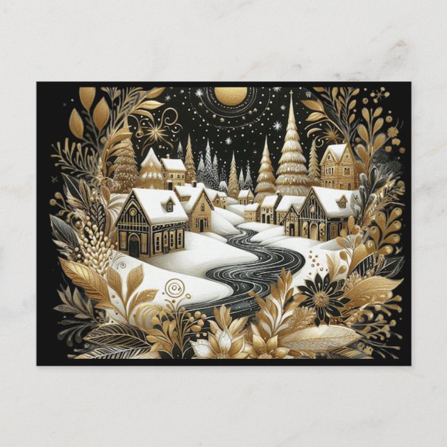 Winter village gold & black design postcard (Front)