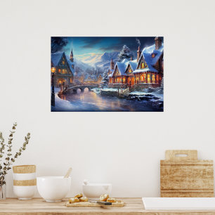 Winter Village Illustration Poster