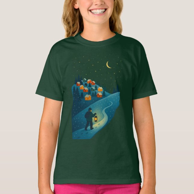 Winter Village Lantern Walk Night Scene Girls' T-S T-Shirt (Front)