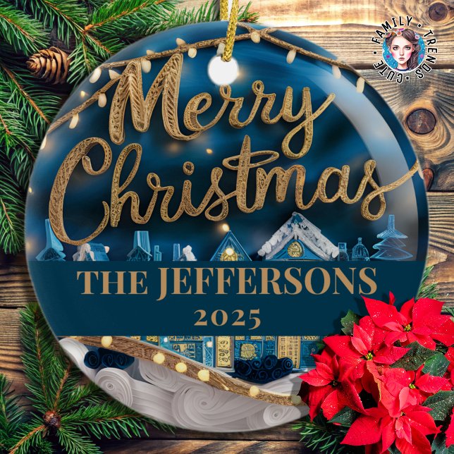 Winter Village Merry Christmas Custom Family Name Ceramic Tree Decoration (Creator Uploaded)