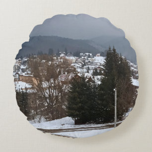 Winter Village Panorama - Rural Landscape Romania Round Cushion