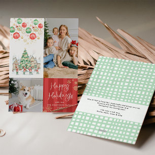 Winter Village Red Stripes Happy Holidays 2 Photo Holiday Card