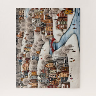 Winter Village Scene Cosy Snowy Town Jigsaw Puzzle