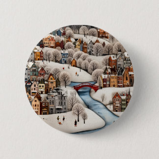 Winter Village Scene Cozy Snowy Town  6 Cm Round Badge